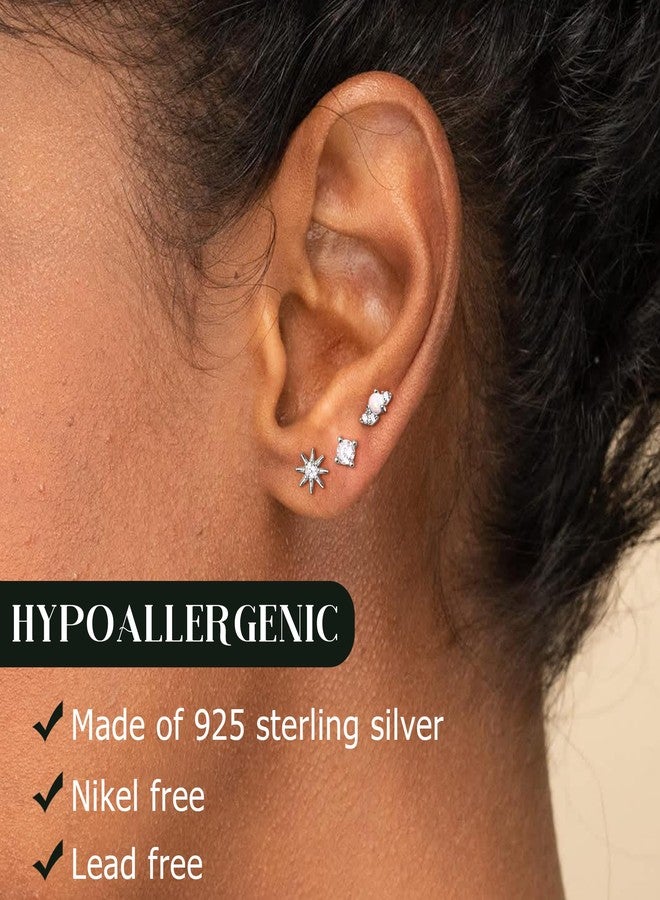 GEMQUEEN Hypoallergenic Flat Back Earrings for Women White Gold Plated Solid 925 Sterling Silver Post Stud | Cartilage Helix Conch Tragus Piercing Jewelry 3 Pairs Tiny Screw Dainty CZ Opal Earring Set Sun - Image 3